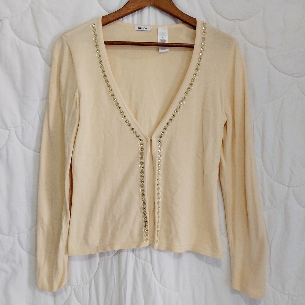 Liz & Co. Women's Size Medium Yellow Embellished Long Sleeve Cardigan